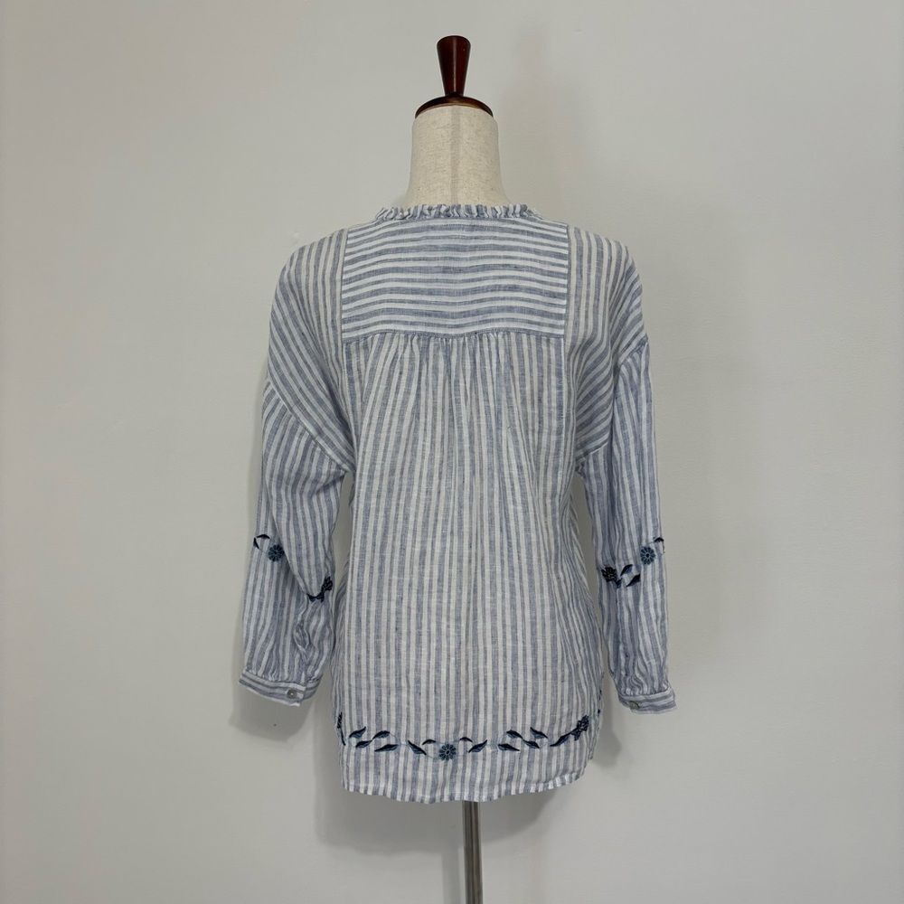 J. Jill 100% Linen Blue Striped Embroidered Floral Peasant Top Sz XS - Picture 4 of 6